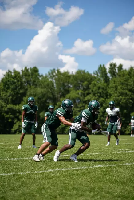Vertical photo of high school football players practicing on the field in El Reno Oklahoma