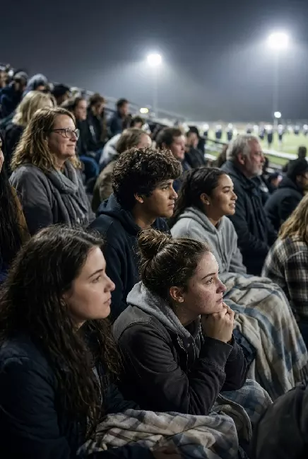 Vertical photo of fans watching a high school football game under the lights in El Reno