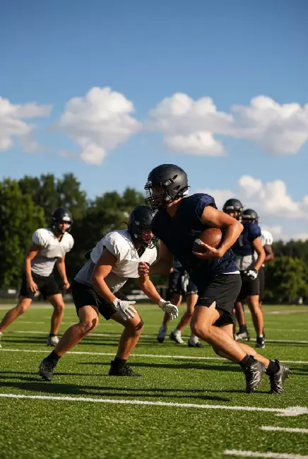 Vertical photo of high school football players practicing on the field in Weatherford Oklahoma