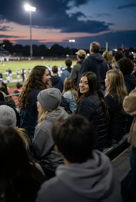 Vertical photo of fans watching a high school football game under the lights in Weatherford