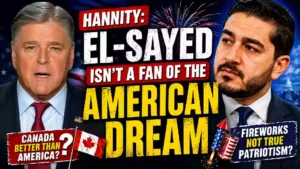 Political commentary YouTube thumbnail featuring two men, American flag background, fireworks, U.S. Capitol and headline about Abdul El-Sayed and the American Dream