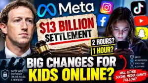 Meta $13 billion settlement could change social media rules for kids, featuring Mark Zuckerberg, Facebook and Instagram, a child using a smartphone, and a two-hour daily screen-time limit.