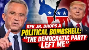 Robert F. Kennedy Jr. and Donald Trump featured in a political news graphic as RFK Jr. says the Democratic Party left him