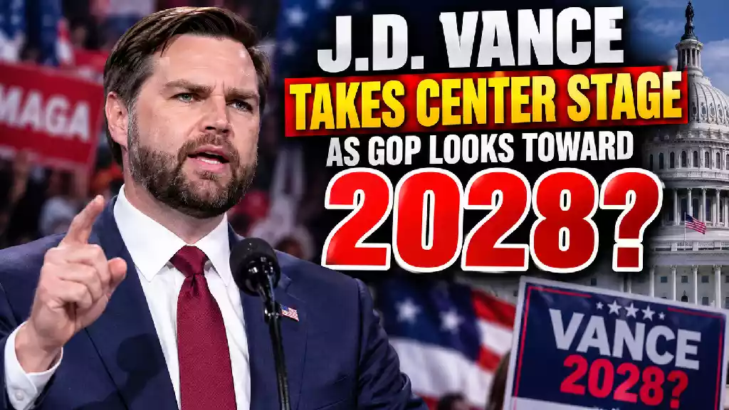 J.D. Vance speaks at a Republican political event as GOP 2028 presidential speculation grows, with the U.S. Capitol and a Vance 2028 sign in the background.