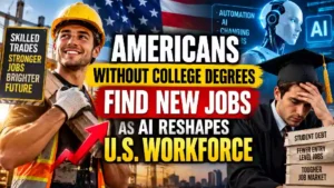 Skilled trades worker, AI robot and college graduate representing changes in the U.S. job market.