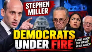 Stephen Miller warns about the Democratic Party’s progressive wing ahead of the 2026 election, with U.S. Capitol and Democratic leaders pictured in the background.