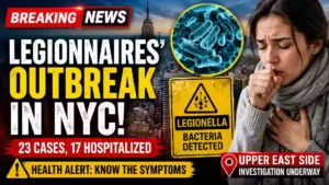 Breaking news YouTube thumbnail showing the New York City skyline, a woman coughing, Legionella bacteria illustration, and a health warning about the Legionnaires' disease outbreak with 23 confirmed cases and 17 hospitalizations on Manhattan's Upper East Side.