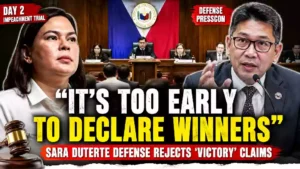Vice President Sara Duterte and a defense lawyer are featured in a YouTube thumbnail about Day 2 of the Senate impeachment trial, highlighting the defense's rejection of claims that the prosecution scored an early victory.