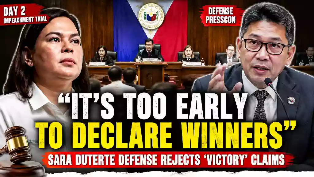 Vice President Sara Duterte and a defense lawyer are featured in a YouTube thumbnail about Day 2 of the Senate impeachment trial, highlighting the defense's rejection of claims that the prosecution scored an early victory.