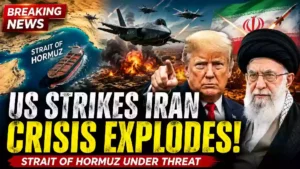 Breaking news YouTube thumbnail showing U.S. airstrikes on Iran, President Donald Trump, Iran's Supreme Leader, fighter jets, explosions, an oil tanker in the Strait of Hormuz, and text highlighting escalating Middle East tensions and threats to global oil supply.