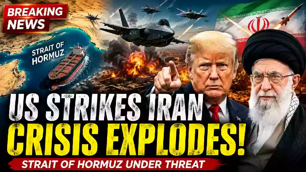 Breaking news YouTube thumbnail showing U.S. airstrikes on Iran, President Donald Trump, Iran's Supreme Leader, fighter jets, explosions, an oil tanker in the Strait of Hormuz, and text highlighting escalating Middle East tensions and threats to global oil supply.