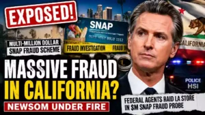 California Governor Gavin Newsom alongside bold text about a federal SNAP fraud investigation in Los Angeles. The graphic includes an EBT card, police lights, California flag, handcuffs, and crime scene tape, highlighting a multi-million-dollar welfare fraud probe.