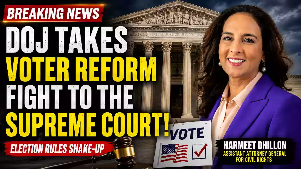 Assistant Attorney General Harmeet Dhillon stands before the U.S. Supreme Court building in a YouTube thumbnail highlighting the Department of Justice's voter roll enforcement efforts and potential Supreme Court election law battle.