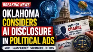 YouTube thumbnail showing the Oklahoma State Capitol, an AI digital head graphic, a political campaign mailer, and the Oklahoma Ethics Commission seal with bold text reading "Oklahoma Considers AI Disclosure in Political Ads."