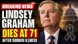 Lindsey Graham dies at 71 after a sudden illness, featuring a portrait of the longtime South Carolina senator with the U.S. Capitol, a black mourning ribbon, and Breaking News headline.