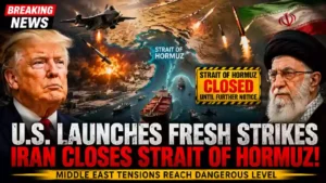 U.S. airstrikes on Iran and Strait of Hormuz closure illustrated in a breaking news YouTube thumbnail featuring President Donald Trump, Iran's Supreme Leader, missiles, fighter jets, and cargo ships amid escalating Middle East tensions.
