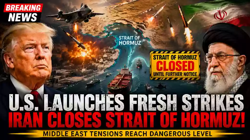 U.S. airstrikes on Iran and Strait of Hormuz closure illustrated in a breaking news YouTube thumbnail featuring President Donald Trump, Iran's Supreme Leader, missiles, fighter jets, and cargo ships amid escalating Middle East tensions.