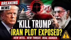 YouTube news thumbnail showing President Donald Trump beside Iran's Supreme Leader with U.S. and Iranian flags, a red target graphic, and bold text referencing a reported alleged Iranian plot against Trump amid rising U.S.-Iran tensions.