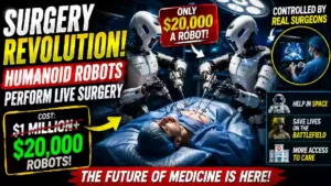 Humanoid robots performing remote robotic surgery on a patient under the control of real surgeons, illustrating a breakthrough in affordable robotic-assisted healthcare technology.