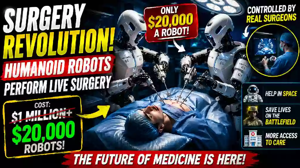 Humanoid robots performing remote robotic surgery on a patient under the control of real surgeons, illustrating a breakthrough in affordable robotic-assisted healthcare technology.