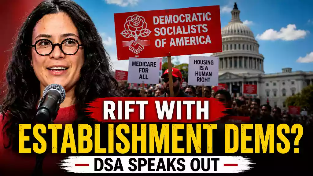 Democratic Socialists of America rally with Grace Mauser speaking as the Democratic Party faces growing tensions between progressive leaders and establishment Democrats over the party's future.