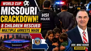 Missouri Governor Mike Kehoe stands alongside law enforcement officers during a World Cup security operation illustration highlighting the rescue of eight missing children and multiple arrests in Kansas City.