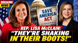 Rep. Lisa McClain and Sen. Elissa Slotkin featured in a YouTube news thumbnail highlighting the political debate over the SAVE America Act and election integrity legislation in Congress.