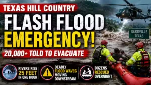 Emergency rescue crews evacuate residents by inflatable boat as catastrophic flash flooding overwhelms Kerrville in Texas Hill Country. A military helicopter flies overhead while floodwaters surge following historic rainfall during the Texas flash flood emergency.