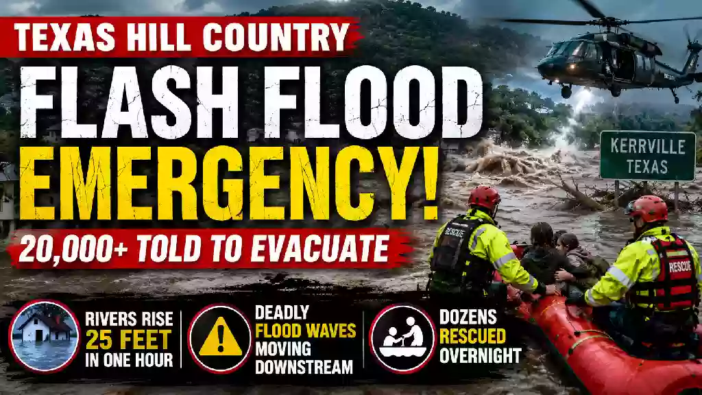 Emergency rescue crews evacuate residents by inflatable boat as catastrophic flash flooding overwhelms Kerrville in Texas Hill Country. A military helicopter flies overhead while floodwaters surge following historic rainfall during the Texas flash flood emergency.