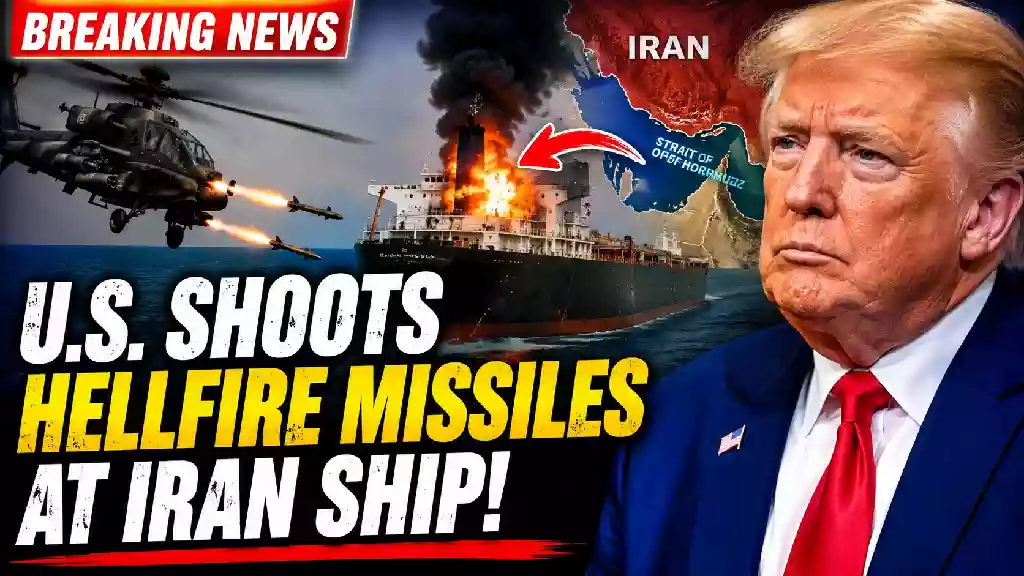 U.S. military helicopter launches Hellfire missiles toward a cargo ship near the Strait of Hormuz as President Donald Trump appears beside a map of Iran in a breaking news thumbnail about escalating U.S.-Iran tensions.
