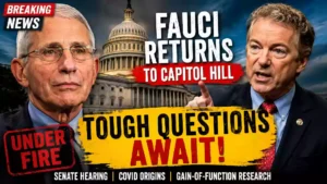 Anthony Fauci and Senator Rand Paul featured in a YouTube news thumbnail about Fauci's upcoming Senate hearing on COVID-19 origins, gain-of-function research, and Capitol Hill testimony.