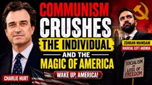 Charlie Hurt and Zohran Mamdani featured in a political YouTube thumbnail discussing communism, socialism, individual freedom, and America's political divide, with the Statue of Liberty and a communist symbol in the background.