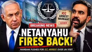 Israeli Prime Minister Benjamin Netanyahu and New York City mayoral candidate Zohran Mamdani featured in a breaking news YouTube thumbnail about the International Criminal Court (ICC) arrest warrant controversy ahead of Netanyahu's expected United Nations General Assembly visit to New York.