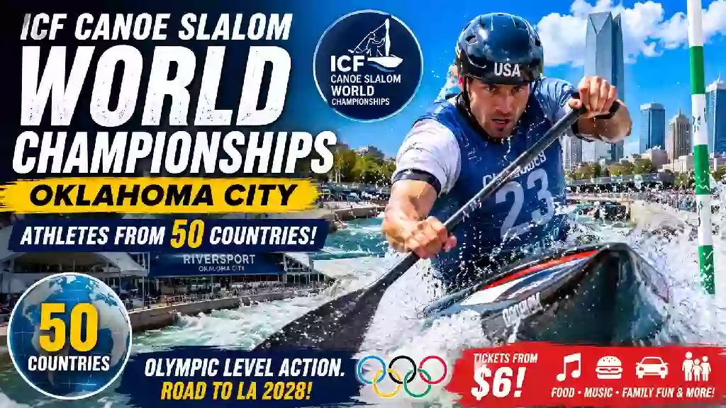 ICF Canoe Slalom World Championships thumbnail showing an elite kayaker racing through whitewater at RiverSport in Oklahoma City during the international competition featuring athletes from 50 countries ahead of the 2028 Los Angeles Olympics.