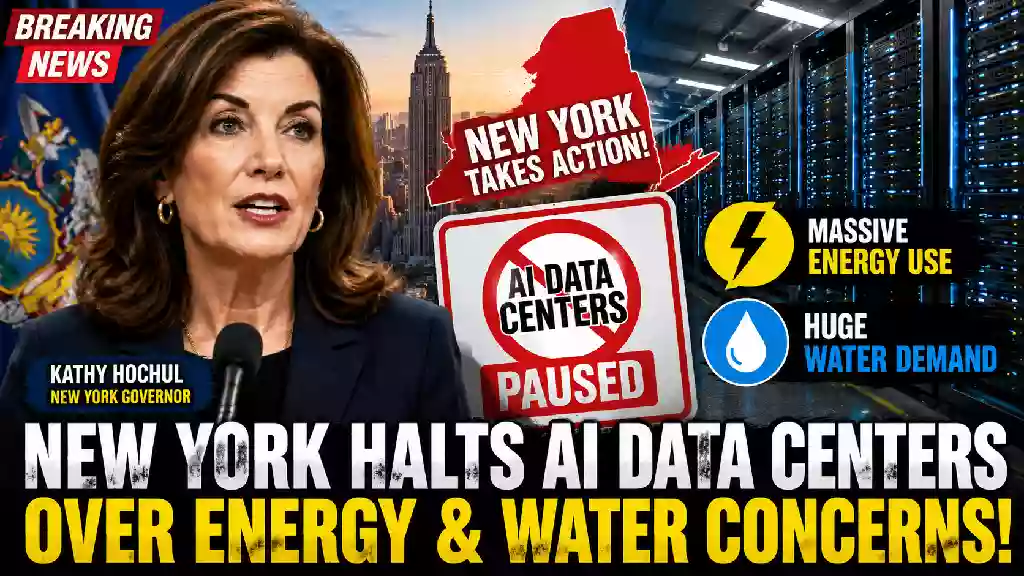 YouTube thumbnail showing New York Governor Kathy Hochul alongside a modern AI data center, highlighting New York's temporary pause on large AI data center approvals due to growing concerns over electricity demand, water consumption, and environmental impact.