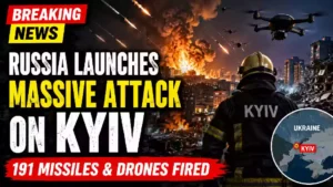 Breaking news YouTube thumbnail showing a massive Russian missile and drone attack on Kyiv, Ukraine, with explosions over the city skyline, attack drones overhead, a firefighter overlooking the destruction, and text highlighting Russia's large-scale assault involving 191 missiles and drones.