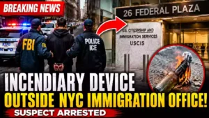 Breaking news thumbnail showing FBI and ICE agents escorting a suspect outside 26 Federal Plaza in New York City after an incendiary device incident near the USCIS immigration office.