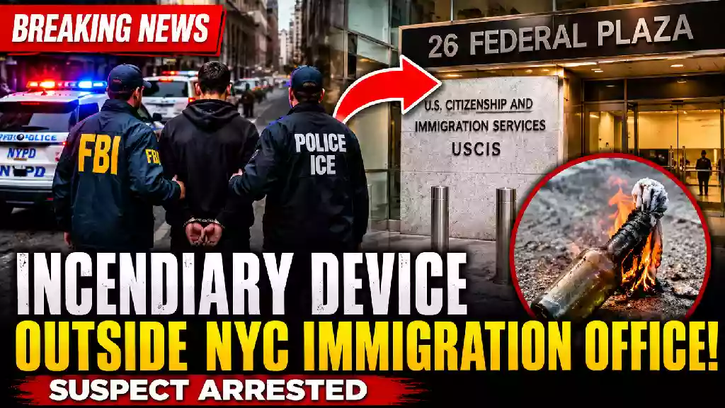 Breaking news thumbnail showing FBI and ICE agents escorting a suspect outside 26 Federal Plaza in New York City after an incendiary device incident near the USCIS immigration office.