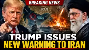 President Donald Trump points toward the viewer while Iran's Supreme Leader Ayatollah Ali Khamenei appears opposite him in a dramatic breaking news thumbnail highlighting escalating U.S.-Iran tensions, military threats, and the Strait of Hormuz.