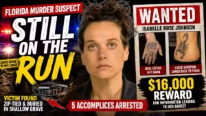 YouTube thumbnail showing Florida murder suspect Isabelle Rose Johnson with a "Still on the Run" headline, wanted poster, $16,000 reward, police lights, and crime scene graphics related to the Walton County homicide investigation.