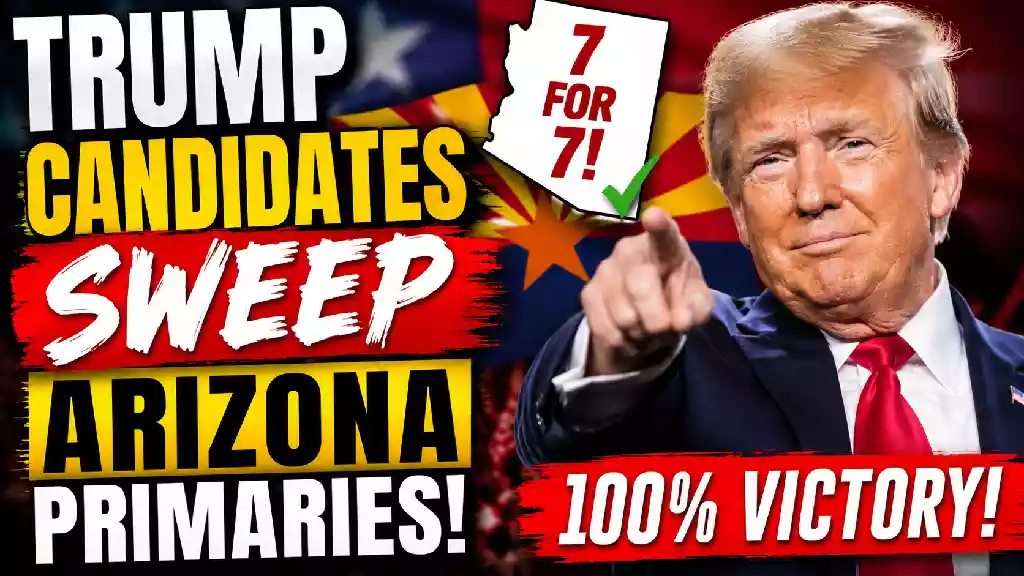 Donald Trump featured in a YouTube thumbnail celebrating a clean sweep by Trump-endorsed Republican candidates in the Arizona GOP primaries, highlighting seven primary victories and growing Republican momentum ahead of the November election.