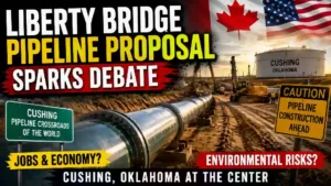 "YouTube thumbnail showing the proposed Liberty Bridge Pipeline in Cushing, Oklahoma, with a large crude oil pipeline under construction, heavy equipment, oil storage tanks, and U.S. and Canadian flags, highlighting the debate over economic benefits and environmental risks."