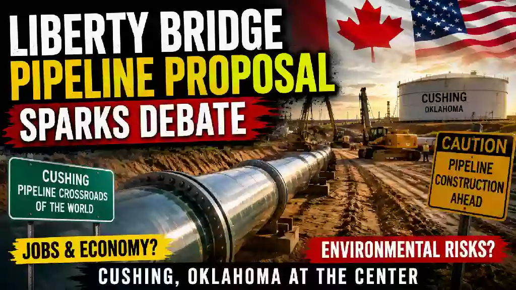 "YouTube thumbnail showing the proposed Liberty Bridge Pipeline in Cushing, Oklahoma, with a large crude oil pipeline under construction, heavy equipment, oil storage tanks, and U.S. and Canadian flags, highlighting the debate over economic benefits and environmental risks."