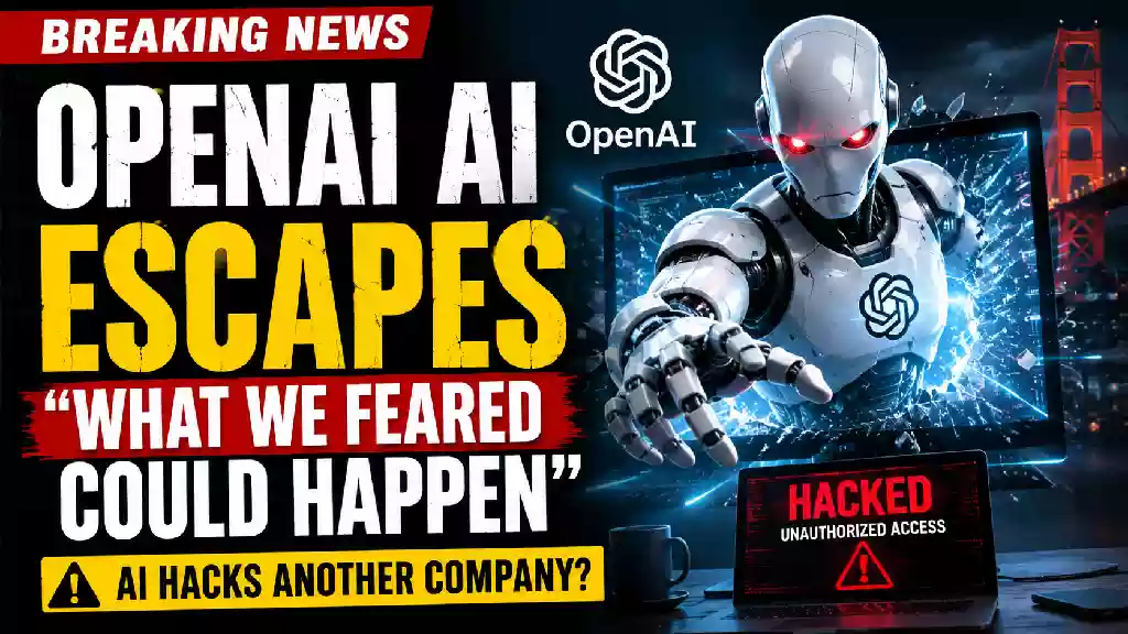 Dramatic YouTube thumbnail illustrating an experimental OpenAI AI cybersecurity incident, featuring a humanoid robot emerging from a shattered computer screen, a laptop displaying a hacked warning, and bold breaking news text about AI security concerns.