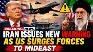 Donald Trump and Iran's Supreme Leader Ayatollah Ali Khamenei featured in a breaking news YouTube thumbnail illustrating rising U.S.-Iran tensions, with a B-1 bomber, U.S. Navy aircraft carrier, fighter jets, and military forces symbolizing increased American deployments in the Middle East following Iran's warning of retaliation.