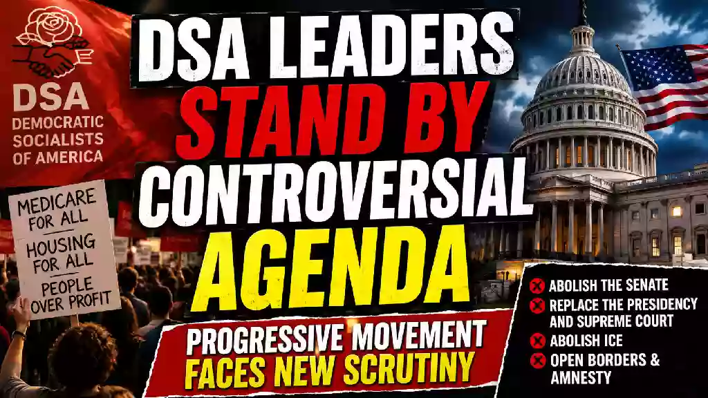 YouTube thumbnail featuring the U.S. Capitol, a Democratic Socialists of America (DSA) banner, and bold text reading "DSA Leaders Stand By Controversial Agenda" highlighting the national debate over the Democratic Socialist platform ahead of the 2026 elections.
