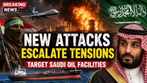 Breaking news YouTube thumbnail showing a burning Saudi oil facility, Houthi fighter, military drone, oil tanker, and Saudi Crown Prince Mohammed bin Salman, illustrating escalating Middle East tensions and threats to global energy infrastructure.