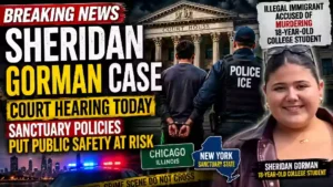 YouTube thumbnail showing the Sheridan Gorman court hearing with a courthouse, police officer escorting a suspect, crime scene tape, and Sheridan Gorman's photo highlighting the ongoing debate over sanctuary policies and immigration enforcement.