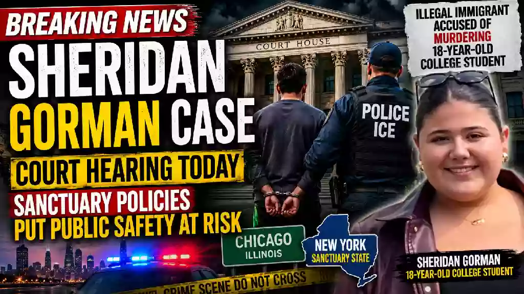 YouTube thumbnail showing the Sheridan Gorman court hearing with a courthouse, police officer escorting a suspect, crime scene tape, and Sheridan Gorman's photo highlighting the ongoing debate over sanctuary policies and immigration enforcement.
