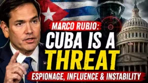 Marco Rubio speaks about Cuba's national security threat as a Cuban flag, shadowy intelligence figure, and the U.S. Capitol illustrate concerns over espionage, influence operations, and geopolitical tensions.